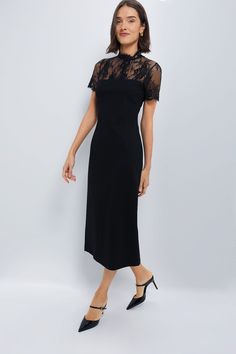 Black Lace Agatha Midi Dress | Hyacinth House Simple Black Heels, Simple Cocktail Dress, Black Lace Mini Dress, Pure Elegance, Straight Dress, Wedding Fashion, Silver Accessories, Black Midi Dress, Sheer Lace