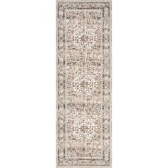 a beige and white rug with an ornate design