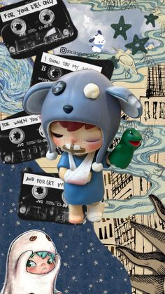 an image of a cartoon character surrounded by music cassettes and other things that are floating in the air