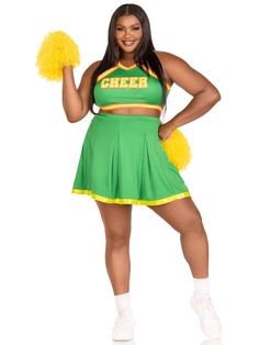 Bring it on!, cheerleader costume, movie costumes, costume ideas, pop culture costume ideas Plus Size Cheerleader, Plus Halloween Costumes, 90s Party Costume, Green Pleated Skirt, Plus Size Halloween Costume, Plus Size Baddie, Plus Size Baddie Outfits, Cheerleader Costume, Fall Fashion Skirts