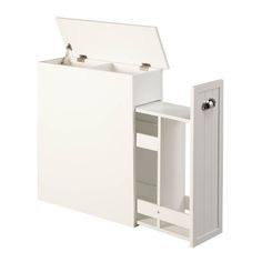 a white cabinet with an open door and drawers