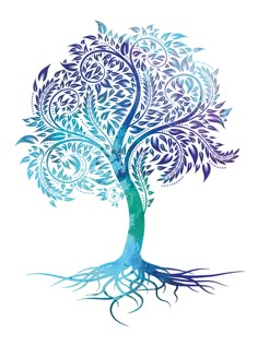 an abstract tree with blue leaves and roots