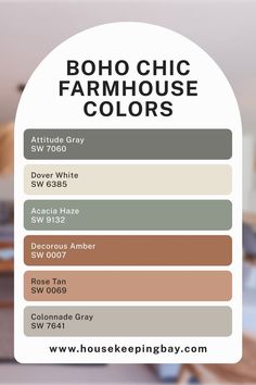 Boho Chic Farmhouse Color Palette Western House Paint Wall Colors, Vintage Gold Color Palette, Boho Furniture Colors, Boho Farmhouse Interior Design, Scandi Country Style, Unique Bathroom Color Schemes, Whole House Color Palette Boho, Scandinavian Home Color Palette, Best Sunroom Paint Colors