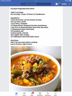 a bowl of soup with meat and vegetables in it is shown on the facebook page