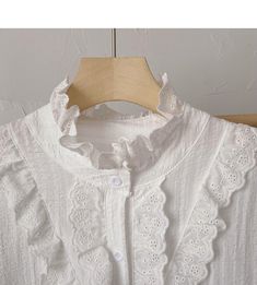 Style: commuting Size: one size Color: white White Cotton Cottagecore Blouse, Elegant Button-up Blouse With Broderie Anglaise, White Ruffled Collar Cottagecore Top, White Victorian Blouse With Lace Trim, White Ruffled Button-up Blouse, Teuta Matoshi, Stand Collar Top, Early Fall Outfits, Outfits Petite