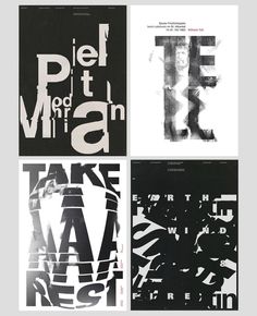 four black and white posters with different typogramic designs