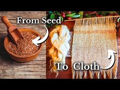 two pictures showing how to make a handwoven wall hanging from seed and yarn