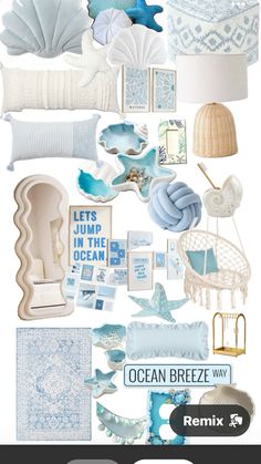 a collage of blue and white items with the words ocean breeze on them