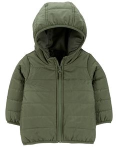 Fold this puffer up and take it on the go wherever they go. This versatile puffer jacket is fully lined and water resistant, too. No extra gear included, just zip me up into my own side pocket for a pack and go design. Have it when you need, pack it when you don't. Puffer Jacket Style, Baby Boy Jackets, Free Jeans, Carters Baby Boys, Grey Baby, Carters Baby, Boys Jacket, Water Resistant Fabric