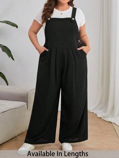 Plus Size Casual Solid Color Jumpsuit, With Pocket Black Casual  Sleeveless Woven Fabric Plain Wide Leg,Overall Non-Stretch  Women Plus Clothing, size features are:Bust: ,Length: ,Sleeve Length: Long Overalls Outfit, Beige Hose, Long Overalls, Solid Color Jumpsuits, Plus Size Jumpsuit, Curvy Outfits, Inspiration Mode, Affordable Clothes, Wide Leg Jumpsuit