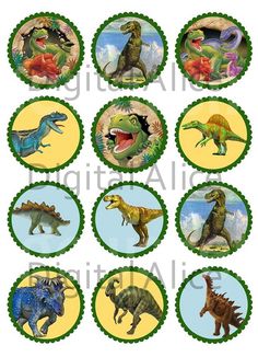 the dinosaur cupcake toppers are all in different colors and sizes, including one for each