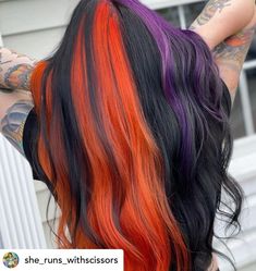 Split Dyed Hair Halloween, Hair Color Ideas Colorful Half And Half, Halloween Split Dye, Black And Orange Hair Split, Fall Split Dye Hair, Halloween Hair Color Ideas Short Hair, Orange Fall Hair, Orange And Purple Hair