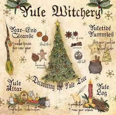 a christmas tree surrounded by other holiday decorations and symbols, with the words'yule witthery'written below it