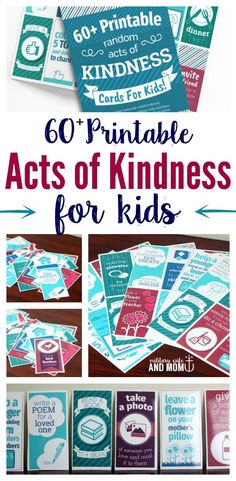 the printable acts of kindness for kids is shown in blue and pink, with pictures of