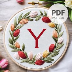 the letter y is surrounded by flowers and leaves on a white background with text overlay