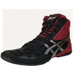 a black and red shoe is shown on a white background with the word asics