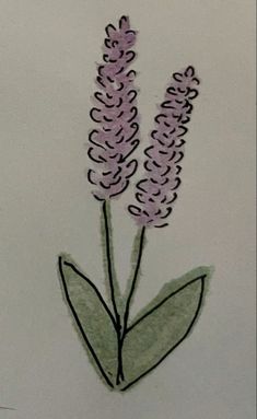 a drawing of two purple flowers on a white surface with green leaves and the words,