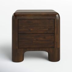 a wooden nightstand with two drawers on one side and an open drawer on the other