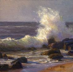 an oil painting of waves crashing on the shore