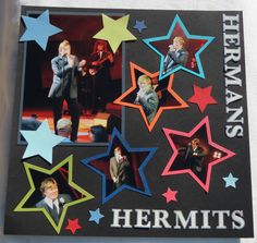 there are many stars and photos on the wall in this photo frame that says hermans, hermits