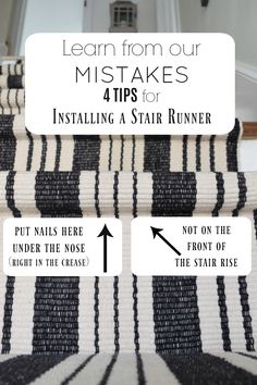 the instructions for how to install stair runners on carpeted stairs with black and white stripes