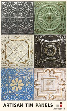 an advertisement for the american tin ceiling tile company, featuring four different colors and designs