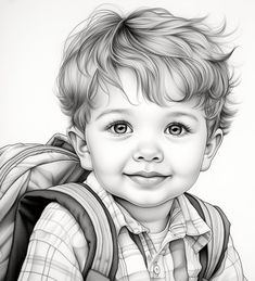 a black and white drawing of a young boy with a backpack on his back, smiling at the camera