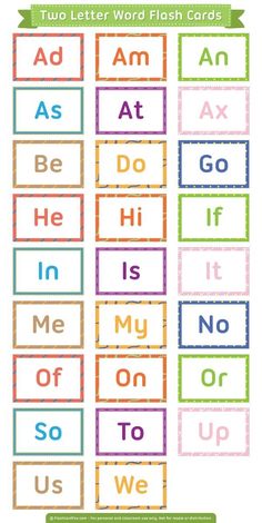 two letter word flash cards with different colors