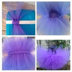 purple tulle skirt with white ribbon on top and bottom, in three different pictures