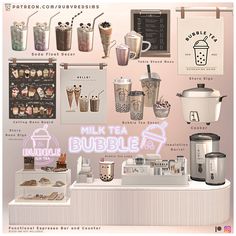 an advertisement for a bubble tea shop with lots of cups and drinks on the counter