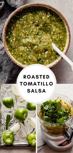 roasted tomatillo salsa with green peppers and parsley in a bowl on top