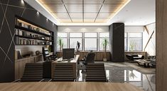 an office with black walls and wooden desks