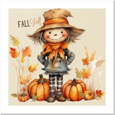 Cute fun smiling scarecrow standing in a pumpkin patch with fall leaves and foliage with Fall Y'all in script above the illustration. This is great fun for Thanksgiving. -- Choose from our vast selection of art prints and posters to match with your desired size to make the perfect print or poster. Pick your favorite: Movies, TV Shows, Art, and so much more! Available in mini, small, medium, large, and extra-large depending on the design. For men, women, and children. Perfect for decoration. Thanksgiving Art Painting, Cute Fall Paintings On Canvas Easy, Scarecrow Cartoon Drawing, Scarecrow Watercolor Painting, Fall Scarecrows Painting, Fall Paintings On Canvas Easy Pumpkin, Scarecrow Clipart Cute, Painting Clothing, Thanksgiving Painting