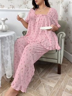 Women's Pajama Sleepwear Set With Small Rose Printed Square Collar And Bow Tie Pink Cute    Plants,All Over Print Pant Sets Non-Stretch All Women Plus Sleep and Lounge, size features are:Bust: ,Length: ,Sleeve Length: Pink Pijama Aesthetic, Plus Size Pjs Pajamas For Women, Dollete Pajamas, Sewing Pajamas Women Free Pattern, Matching Pj Sets For Couples, Cute Pajamas Pink, Plus Size Pajamas Set, 1920s Pjs, Sleeping Outfits For Women