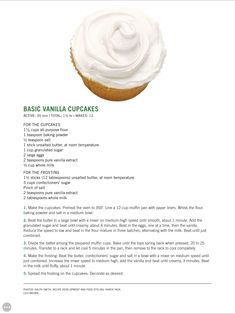 the recipe for basic vanilla cupcakes is shown in this page, with instructions to make