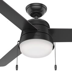 a black ceiling fan with a light on it's blade and two blades hanging from the ceiling