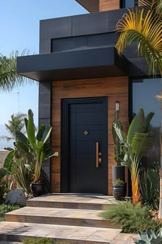 a black front door and steps leading to a house with palm trees in the foreground