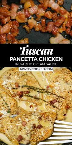 pancetta chicken in garlic cream sauce on a skillet with fork and text overlay