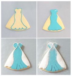 four pictures of decorated cookies in the shape of dresses and gowns, with blue icing on them