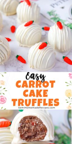 carrot cake truffles with white frosting and red peppers on the top one is cut in half