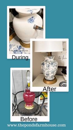 the before and after photos show different types of vases, lamps, and other items