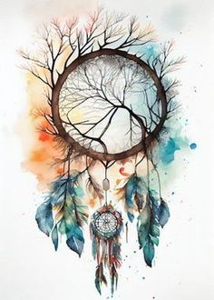 a watercolor painting of a tree with a dream catcher hanging from it's side