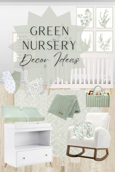 a baby's nursery room with green and white decor