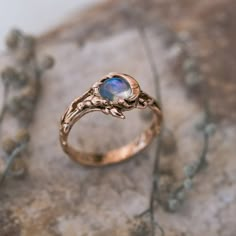 Moon Stone Wedding Ring, Moonstone Promise Ring, Moon Ring Design, Mystical Moonstone Wedding Ring, Ethereal Moonstone Ring For Anniversary, Mystical Wedding Opal Ring, Copper Engagement Ring, Ethereal Moonstone Ring, Dark Academia Engagement Ring