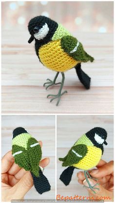 a crocheted bird sitting on top of a table next to another small bird