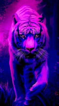 a painting of a tiger walking through the jungle with purple and pink lighting on it's face