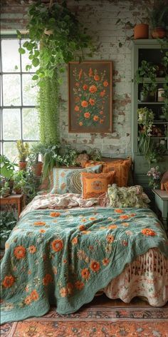 a bedroom with an old brick wall and lots of potted plants on the windowsill