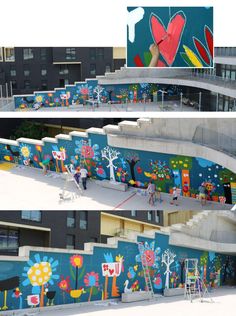 two pictures of people painting on the side of a building with flowers and hearts painted on it