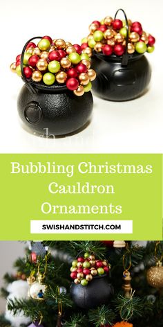 a christmas tree with ornaments on it and the words bubbleling christmas cauldron ornaments