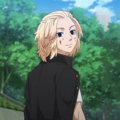 an anime character with blonde hair standing in front of trees